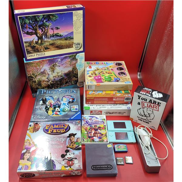 Puzzle & Game Lot w/ Disney Family Feud, Headbanz, Nintendo DS, Unicorn Puzzle, & More