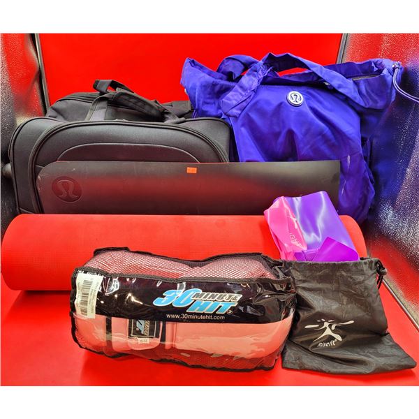 Fitness Lot w/ Lululemon Yoga Mat, Exercise Bands, Boxing Glove, Lululemon Workout Bag, & More