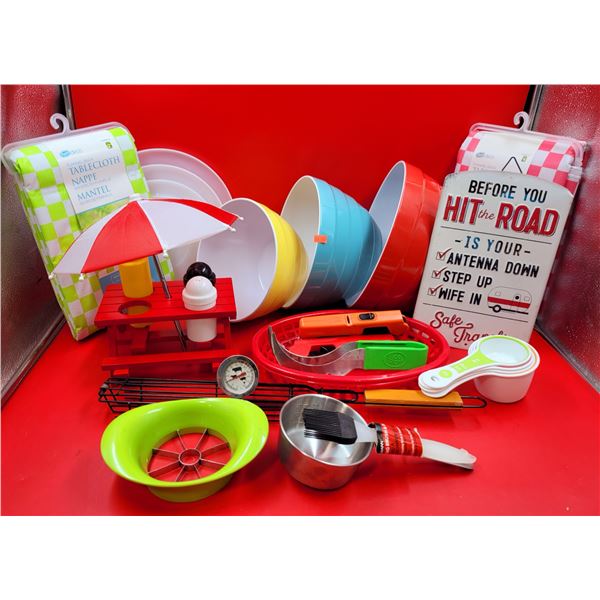 Picnic/Camping Dish Lot w/ Table Cloths, Plastic Bowls, Condiment Stand, Measuring Cups, & More