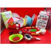 Image 1 : Picnic/Camping Dish Lot w/ Table Cloths, Plastic Bowls, Condiment Stand, Measuring Cups, & More