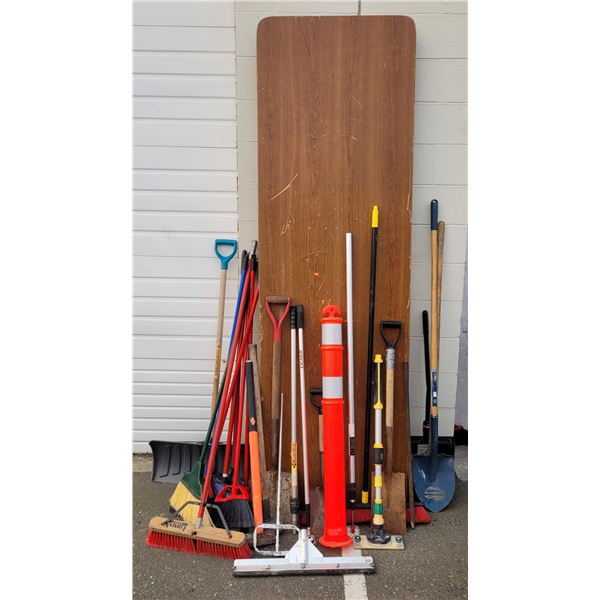 Assorted Tool & Table Lot w/ Brooms, Shovels, Table, & More