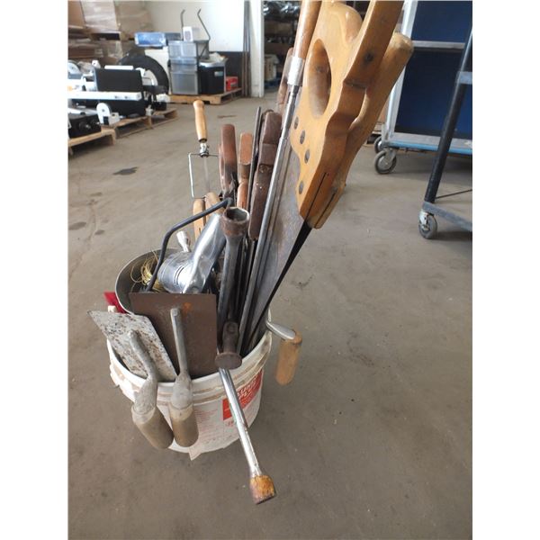 Pail Of Assorted Hand Saws & Trowels