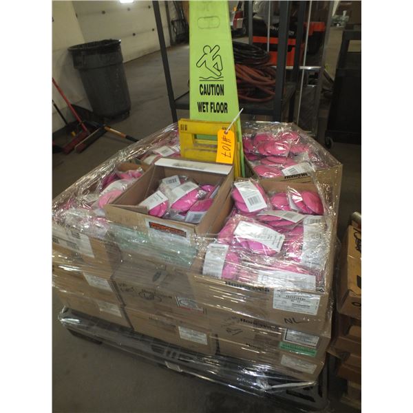 Pallet Of P-100 Respirator Filters & 3 Wet Floor Signs