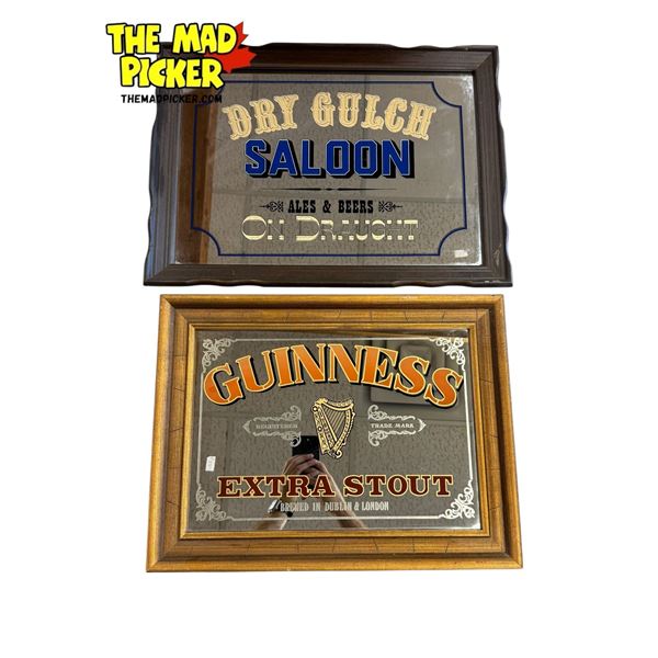 2x Vintage Mirror Back Bar Signs: Guinness & Dry Gulch