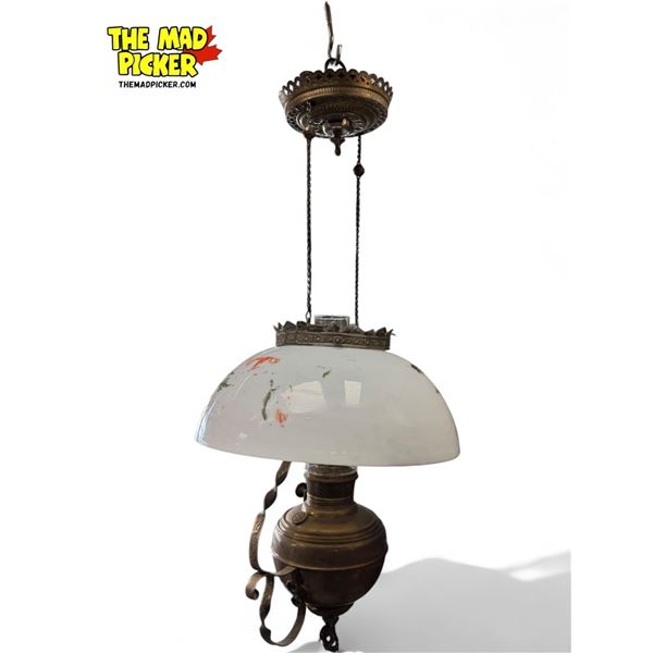 Vintage Parker Hanging Kerosene Lamp With Hand Painted Shade