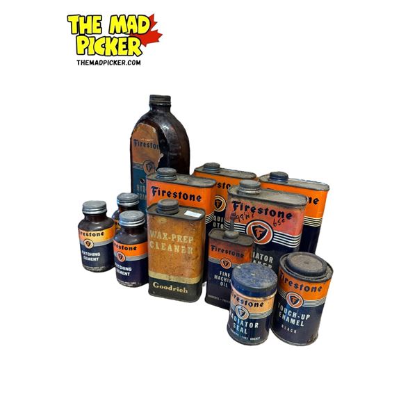 12x Vintage Firestone Collectible Tins & Bottle