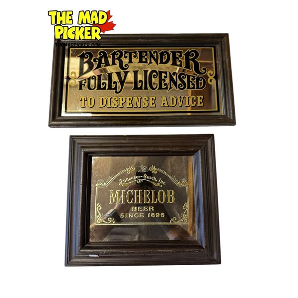 2x Vintage Mirror Back Bar Signs: Michelob & Fully Licensed
