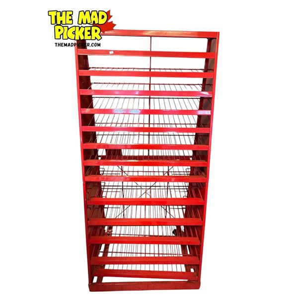 Vintage Slanted Metal Rolling Display Rack (14x Shelves)