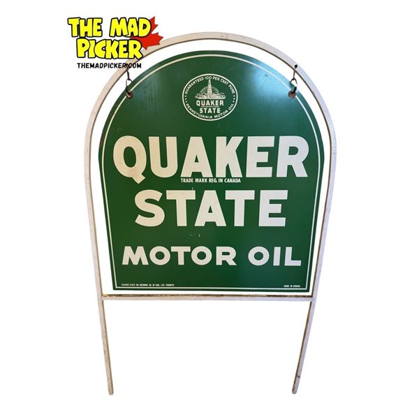 Vintage Double Sided Quaker State Motor Oil Tombstone Sign With Original Bracket