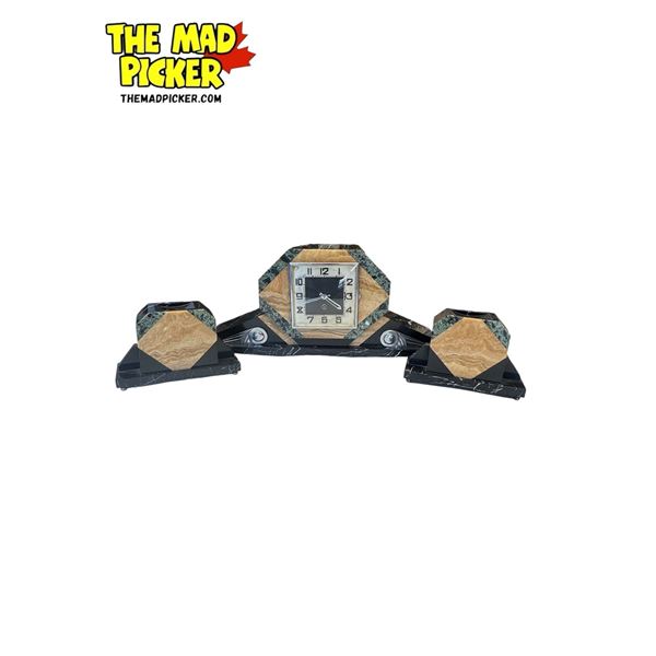 3x Piece Art Deco Marble Mantle Clock