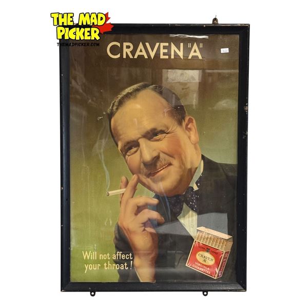 Vintage Craven "A" "Will Not Affect Your Throat" Store Advertising Sign With Original Frame