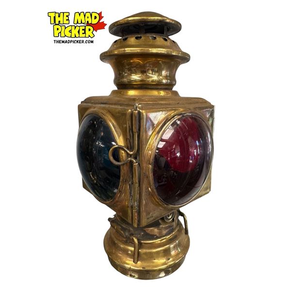 Antique Indiana Lamp Co. Brass Carriage Lamp With Coloured Glass Lenses