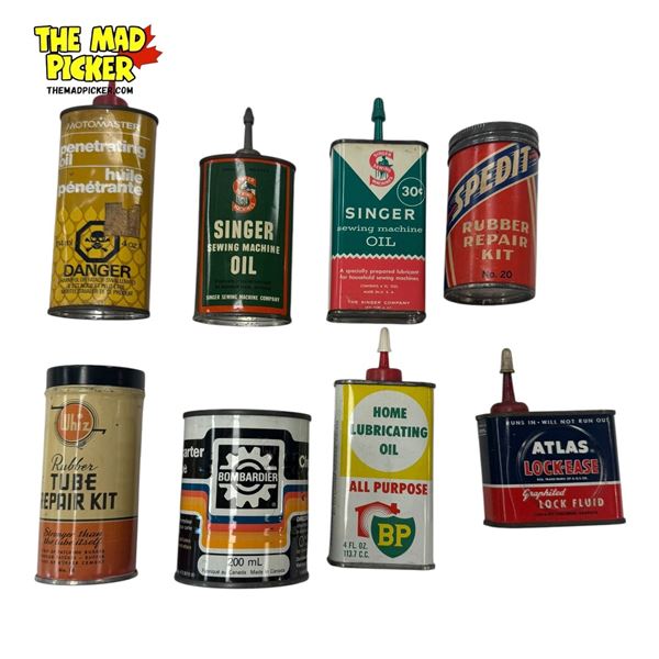 8x Vintage Tins: BP, Spedit, Atlas, Whiz, Singer, Motormaster, & Bombardier