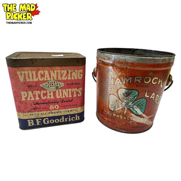 2x Vintage Collectibles: Shamrock Pure Lard Tin & B.F. Goodrich Patch Units