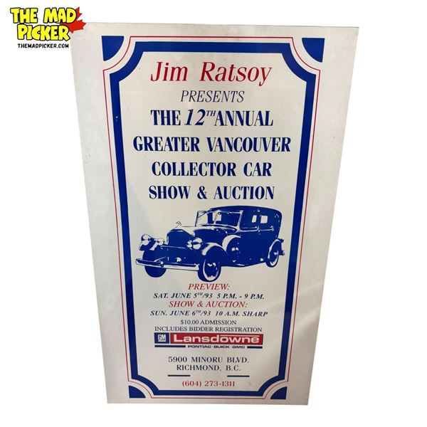1993 Jim Ratsoy 12th Annual Collector Car Show & Auction Advertising Poster On Board