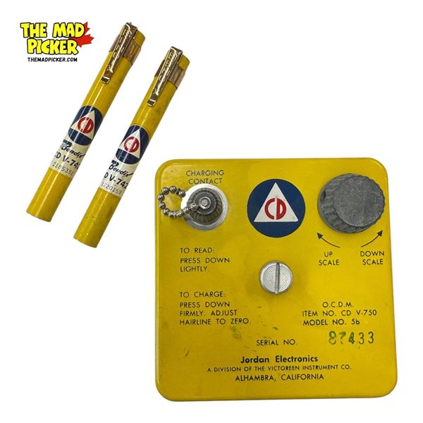 3x Vintage Jordan Electronics Items: Radiological Dosimeter Charger & 2x Bendix Pocket Dosimeter