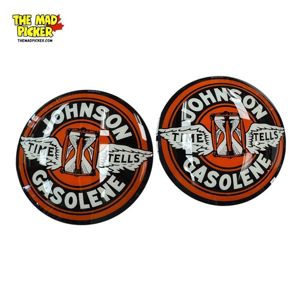 Pair Of 2003 Johnson Gasoline Time Tells Glass Gas Globe Advertising