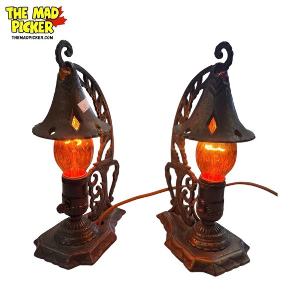 2x Vintage Arts & Crafts Wizard Hat Table Lamps