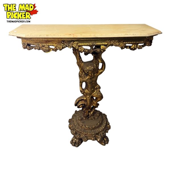 Vintage Hollywood Regency Era Marble Top Hall Table With Cherub Detail