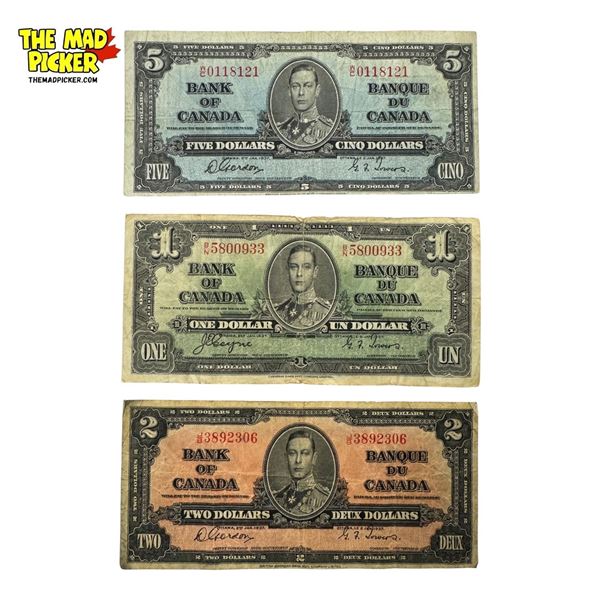 3x 1937 Bank Of Canada Bank Notes (Bills) : $1, $2, $5