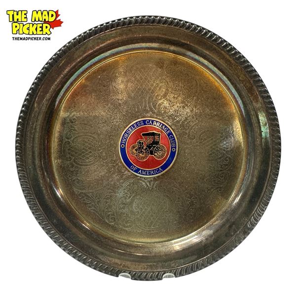 Vintage Horseless Carriage Club Of America Enamelled Emblem On Silver Plate Platter