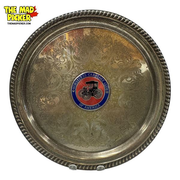 Vintage Horseless Carriage Club Of America Enamelled Emblem On Silver Plate Platter