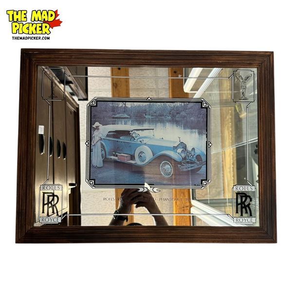 Vintage Framed Rolls Royce Mirror Back 1928 Phantom 1 Advertising Sign