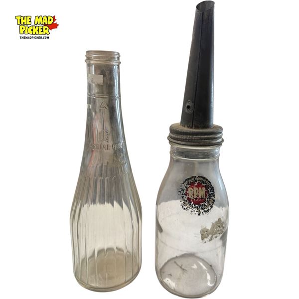 2x Vintage Oil Bottles: RPM Logo & Fluted Bottle