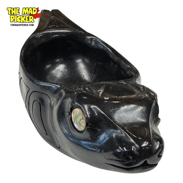 Vintage Hand Carved First Nations Resin Catch All Bowl With Abalone Inlay Eyes