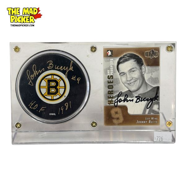 Johnny Bucyk Signed Hockey Puck & Card