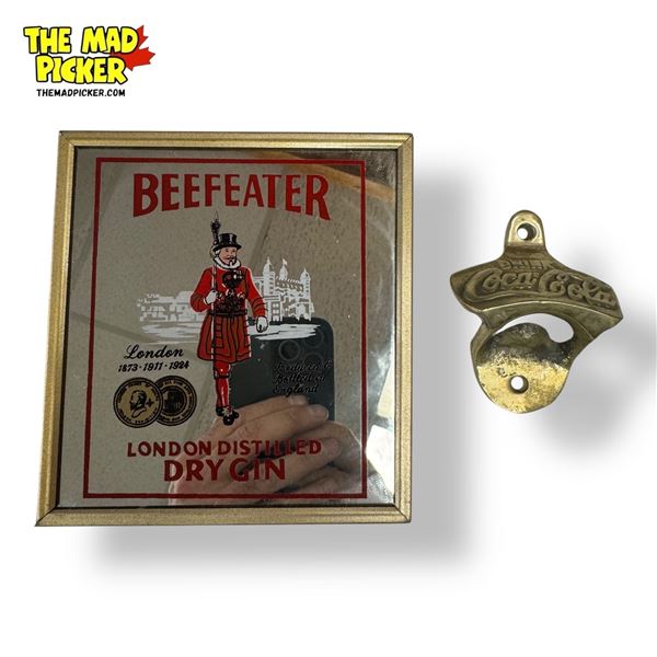 2x Vintage Collectibles: Beefeater Mirror Back Advertisement & Brass Coca-Cola Bottle Opener