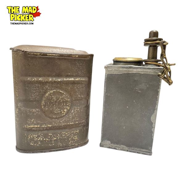 2x Vintage Military Collectibles: Powder Rifle Flask & Justrite Cigarette Curved Tin