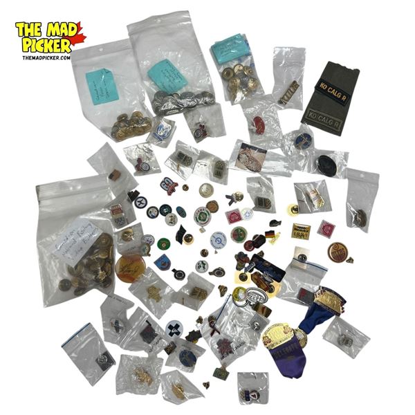 Assorted Vintage Pin Backs & Military Collectibles: Olympics, Buttons, Arm Patches, Oilers, & More