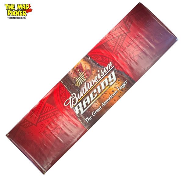 Vintage Budweiser Racing Vinyl Beer Advertising Sign