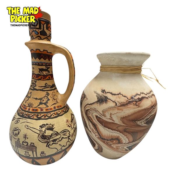 2x Vintage Navajo Art Works: Pottery Vase & Painted Glass Jug