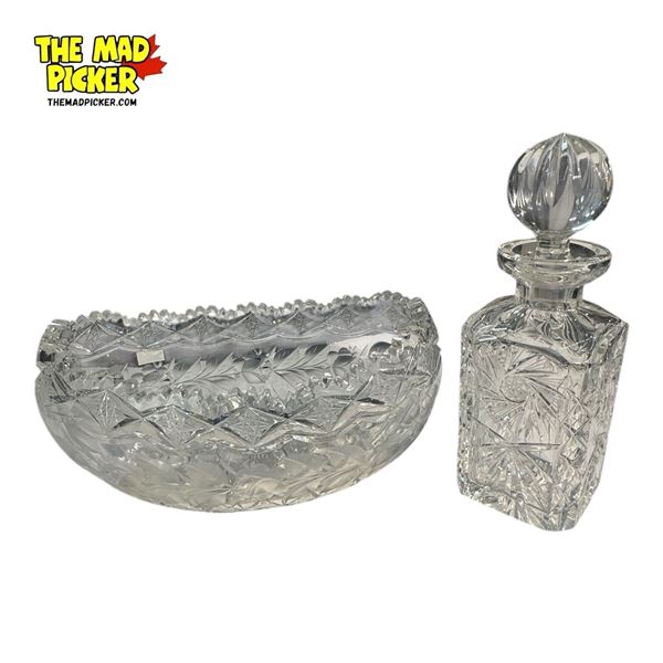 2x Vintage Pinwheel Crystal : Center Piece Bowl & Decanter