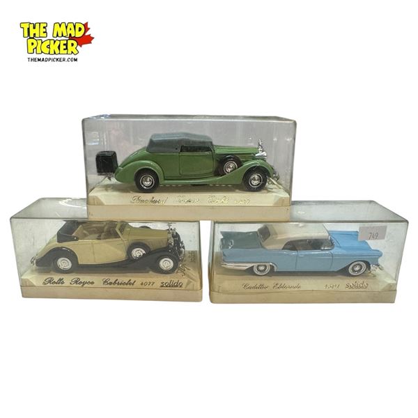 3x Vintage Solido Cars: Packard, Cadillac, Rolls Royce