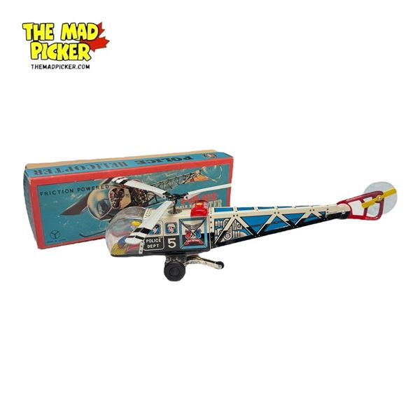 Vintage Friction Powered Police Helicopter Tin Toy Made IN Japan With Original Box
