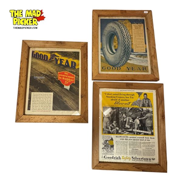3x Framed Vintage Tire Advertising Cut Outs: Goodyear & Goodrich