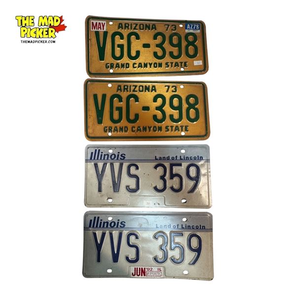 2x Pairs Of Vintage American License Plates: Arizona & Illinois