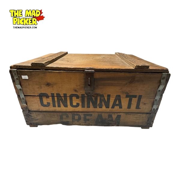 Vintage Cincinnati Cream Wooden Crate With Front Drop Locking Feature