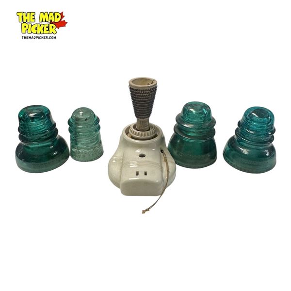 4 Glass Insulators & 1 Porcelain 2 Piece Sconce Light