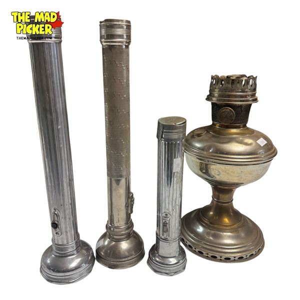 3 Vintage Metal Flashlights - One 10" & Two 15"