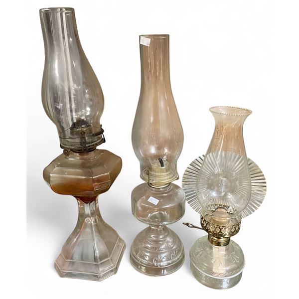 3 Vintage Oil Lamps Complete with Chimneys