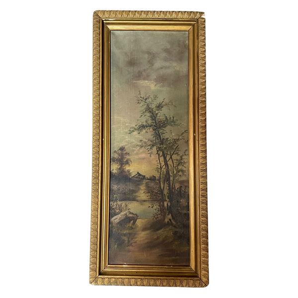 Vintage Oil Painting on Canvas - River Scene - 13" x 30"