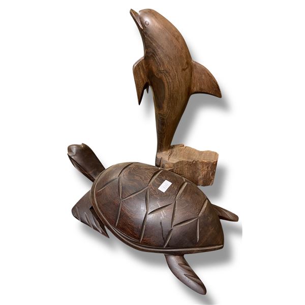 Hand Carved Wood Turtle and Dolphin - Dolphin is 12" Tall