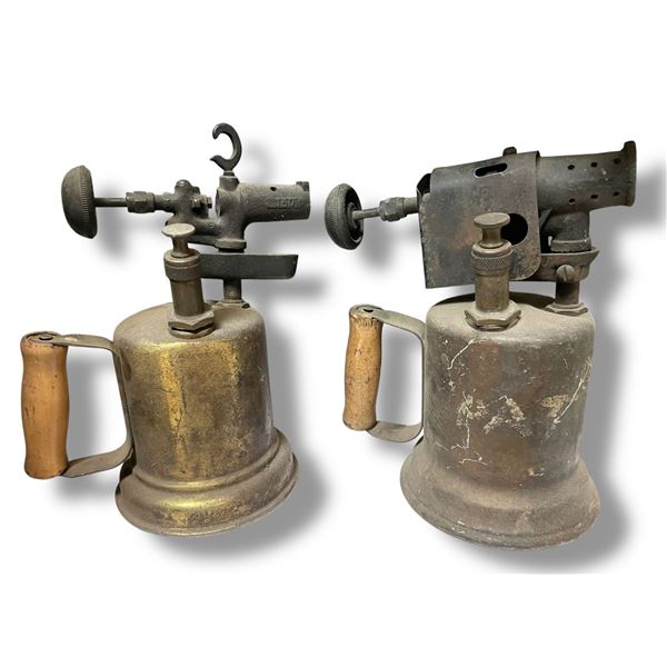 2 Vintage Gas Blow Torches - Brass with Wood Handles
