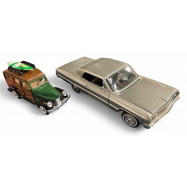 2x Die Cast Model Cars: Johnny Lightning Chevy 409 & Ford Woody Wagon (1940)