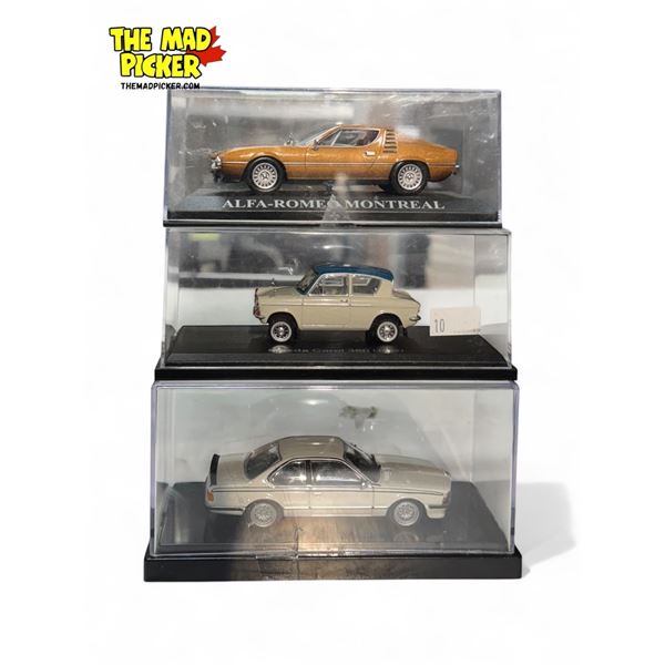 3x Die Cast Model Cars: Alfa-Romeo Montreal, Mazda Carol 360, & BMW 635 CSI