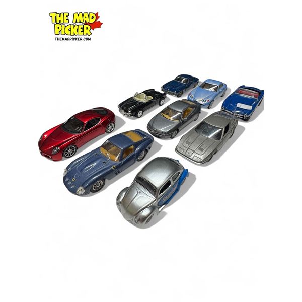 9x Die Cast Model Cars: Beetle, Ferrari, Alfa Romeo, Maserati, & More